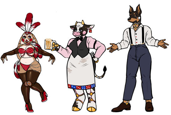 Prompt: 3 Anthro animal robot designs. One a rabbit girl based on showgirls and roulette wheels, another a bartender based on Dice, and another a card dealer based on card suits